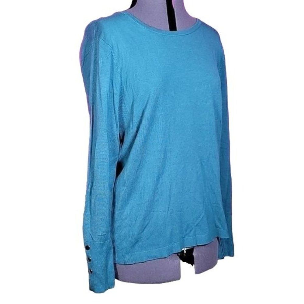 JM Collection Teal Button-Cuff Crewneck Sweater Sz SP